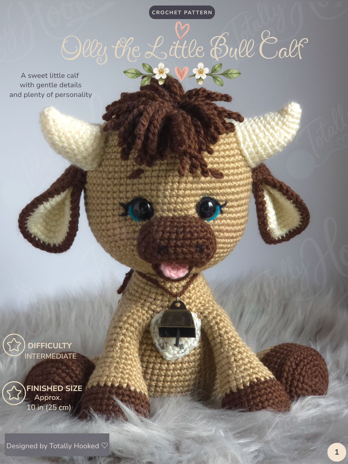Olly the Little Bull Calf on the cover of his published crochet pattern