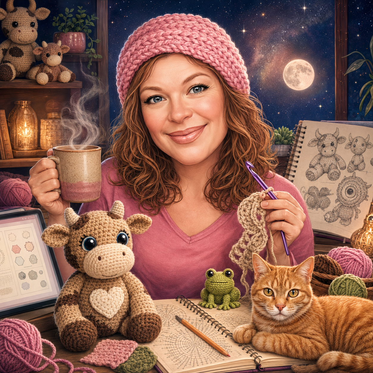 Illustrated portrait of Barb with coffee, crochet hook, Olly the Little Bull Calf, a crochet frog and her orange tabby Goose in a moonlit craft studio