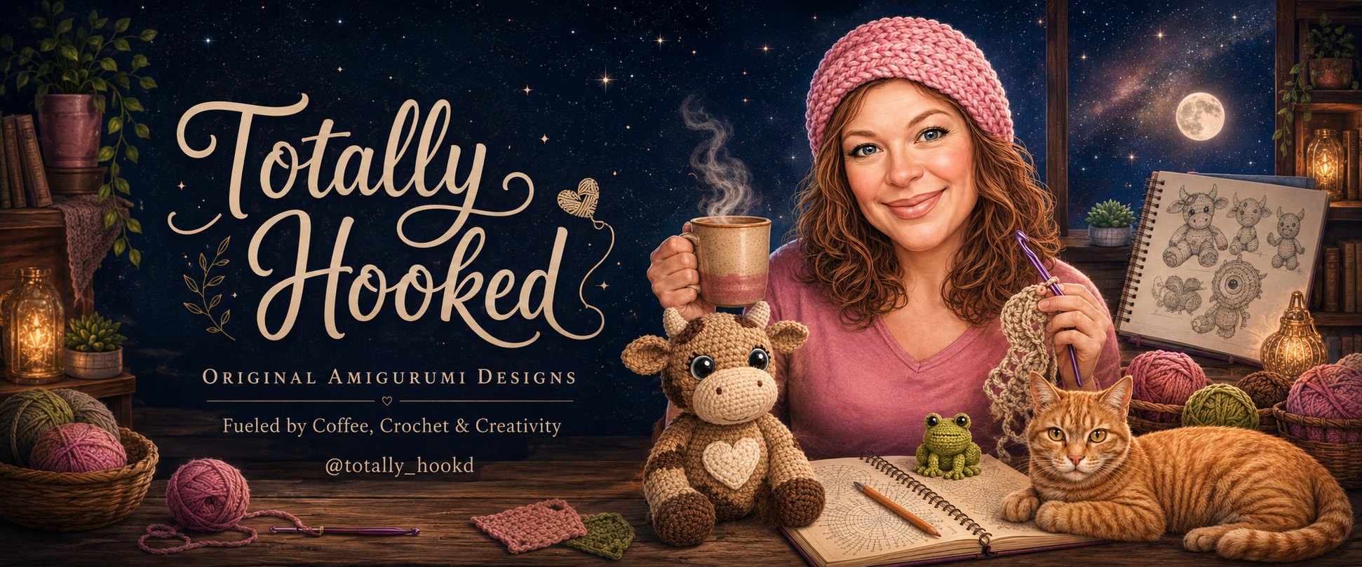 A warm, moonlit Totally Hooked studio with Barb crocheting beside her yarn, coffee, Olly the Little Bull Calf and Goose the orange tabby